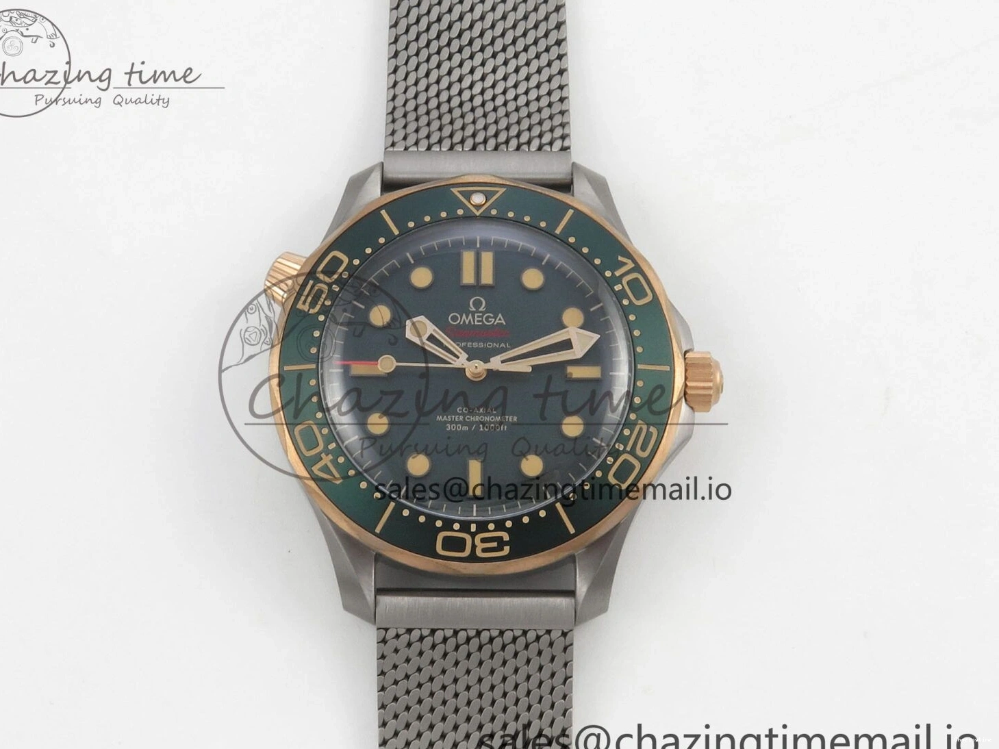 0329 OdorResistant Seamaster 300M Diver Titanium Bronze Gold VSF 1:1 Best Edition Green Dial on Titanium Mesh Bracelet A 7660